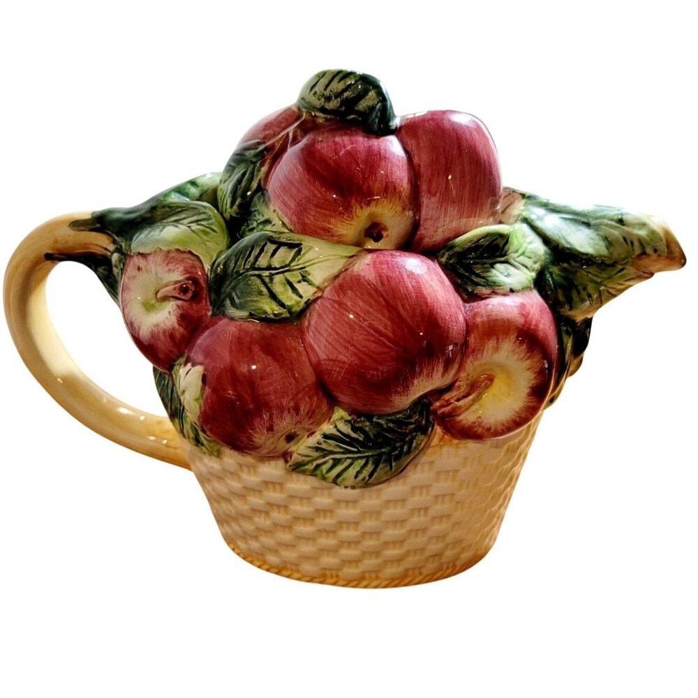 Vintage Ceramic Teapot Majolica Hand Painted Apples Leaves in Basket Retired